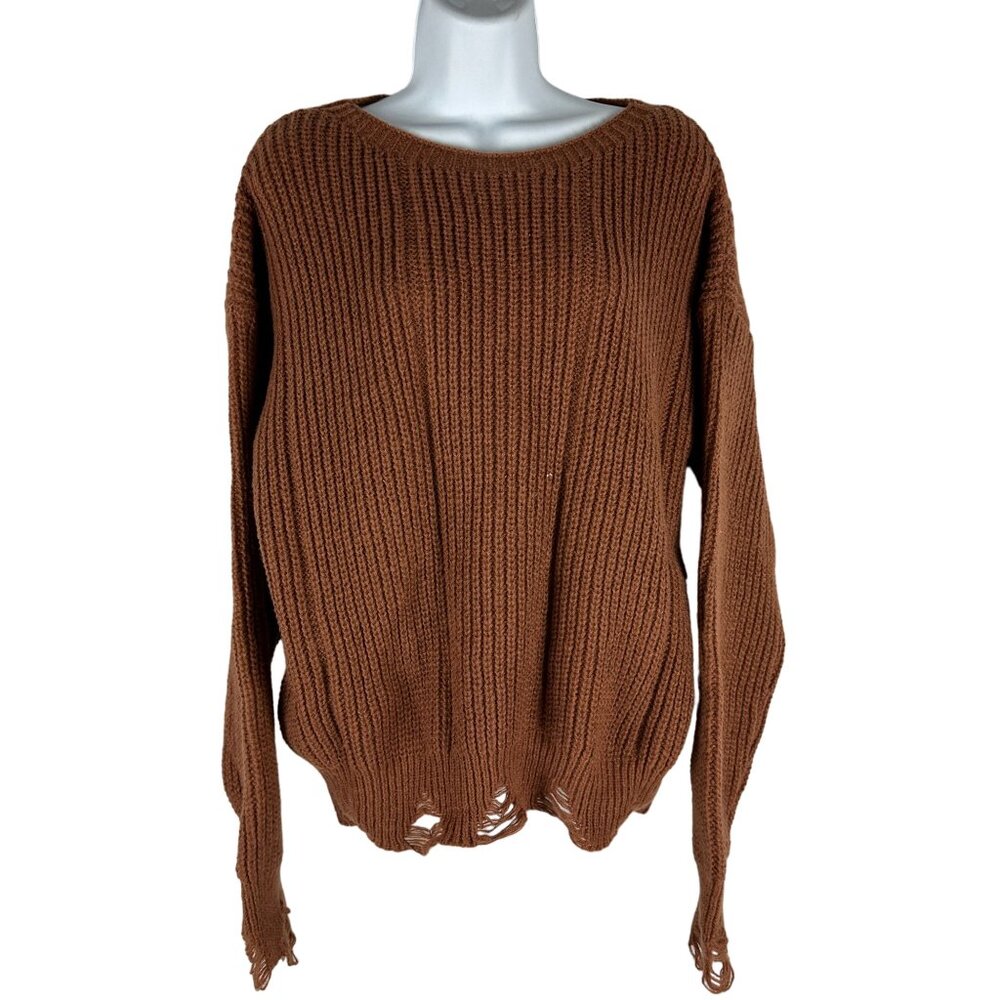 Distressed Brown Knit Sweater - Womens Size L - 100% Polyester